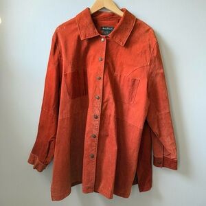 Orange suede patchwork button-up shirt jacket shaker with a relaxed fit 🔥